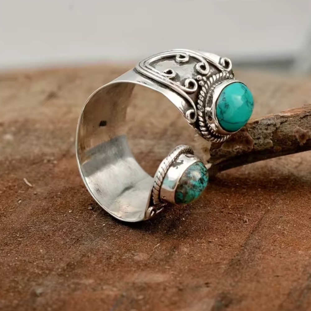 Vintage Turquoise Stone Silver Boho Style Ring - Picture 3 of 7